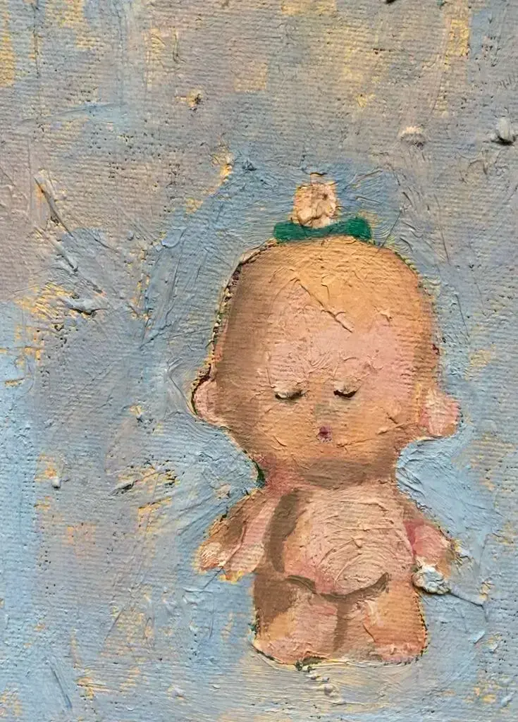 Cupie Doll on Baby Blue - Oil on canvas board - 17.8 x 12.7 cm