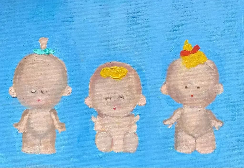 3 Cupie Dolls on Blue - Oil on canvas board - 30 x 21 cm - £350