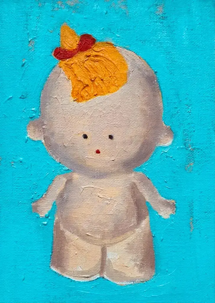Cupie Doll on Turquoise - Oil on canvas board - 21 x 14.8 cm / A5 - £250